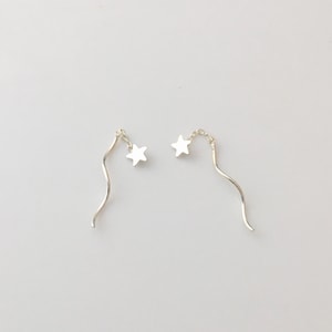 Small star short threader sterling silver earrings, celestial thread pair of earrings
