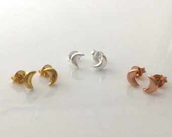 A pair of small Crescent Moon sterling silver, yellow gold or rose gold plated silver stud earrings, celestial earrings