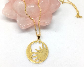 SUN and MOON yellow gold plated sterling silver necklace, celestial necklace, layering necklace