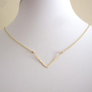 Chevron hammered wire yellow gold delicate necklace, V shape necklace