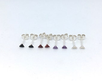 A pair of tiny triangle 3mm cz sterling silver stud earrings, minimal geometric studs