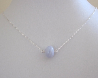 Blue natural Lace Agate Chalcedony floating bead delicate sterling silver necklace