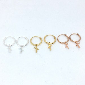 A pair of small cross charms sterling silver, yellow gold or rose gold plated silver small hoops