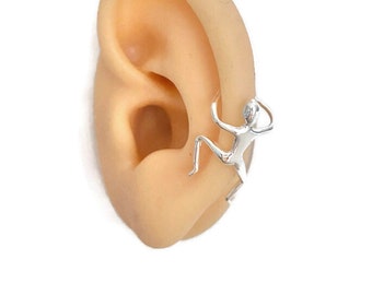 Climbing person man climber sterling silver ear cuff earring, one earring