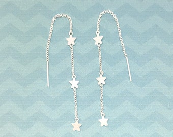 Three stars threader sterling silver earrings, celestial thread pair of earrings