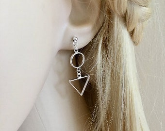 Triangle and circle geometric sterling silver dangle stud earrings, modern earrings