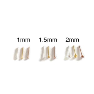 Tiny 1mm, 1.5mm, 2mm ball nose stud pin in sterling silver, rose or yellow gold