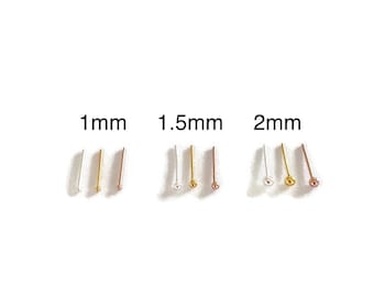 Tiny 1mm, 1.5mm, 2mm ball nose stud minimal tragus earring in sterling silver, rose or yellow gold