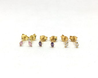 A pair of tiny marquise cz stones Yellow Gold plated sterling silver stud earrings, geometric studs