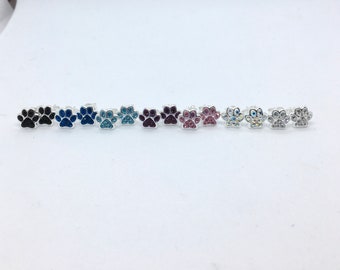 Animal cat dog PAW PRINT with crystals sterling silver stud earrings, different colors available