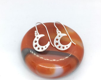 A pair of CRESCENT MOON with little stars charms 925 sterling silver dangle earrings
