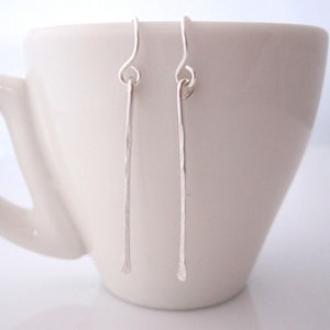 Modern stick bar hammered wire dangle earrings in solid sterling silver, 14K yellow or rose gold filled wire