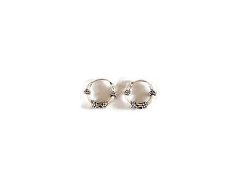 Round small 10mm ornate sterling silver hoop earrings, Bali style hoops