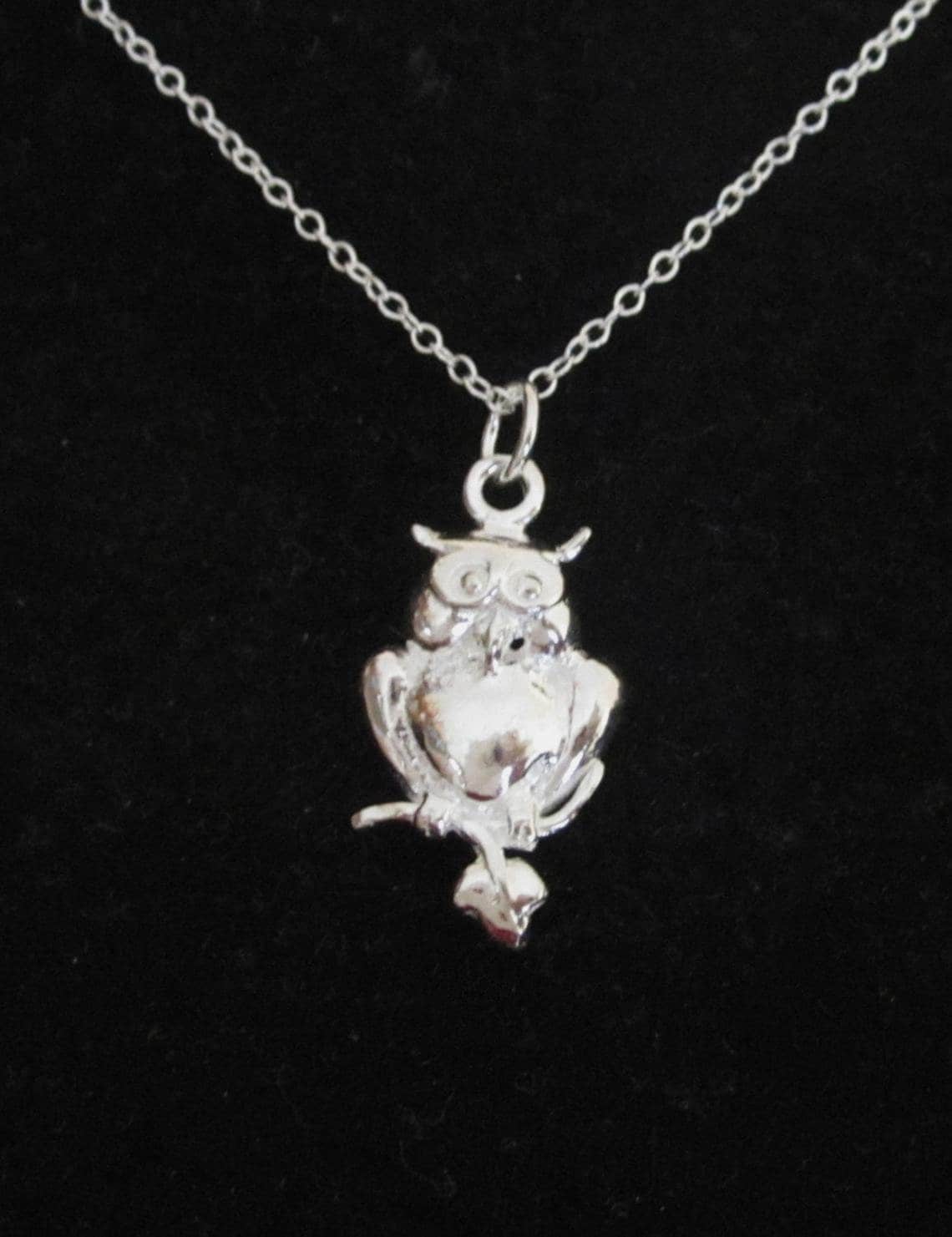 Owl bird sterling silver charm with chain necklace, woodland jewelry