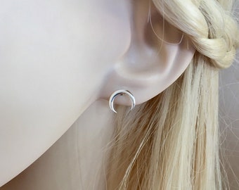 A pair of Crescent Moon horn sterling silver stud earrings, celestial earrings