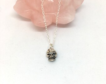 Tiny skull sterling silver pendant charm with chain/necklace, goth Halloween necklace