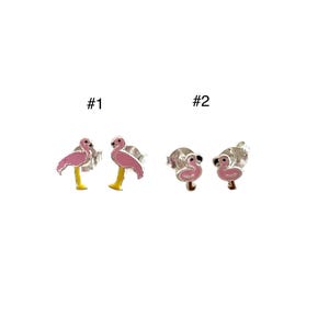 Pink enamel FLAMINGO bird sterling silver stud earrings, girls, kids earrings
