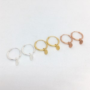 Small sun print discs charms hoops in sterling silver, yellow or rose gold plated silver