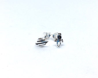 Small Saturn planet and Rocket ship sterling silver stud earrings, cosmos outer space studs, mismatched earrings