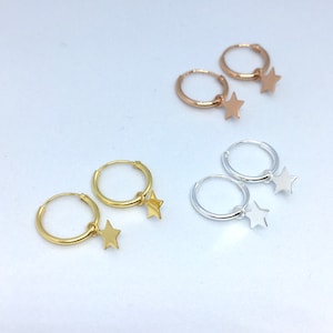 A pair of star charms sterling silver, yellow gold or rose gold plated silver small hoops, celestial earrings