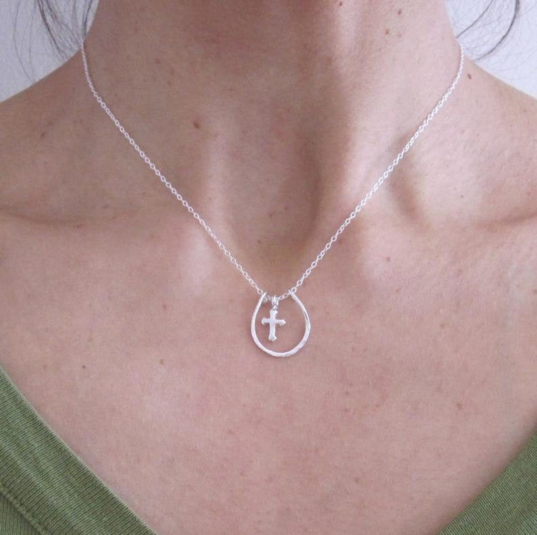 Lucky Horse Shoe With Cross Sterling Silver Floating Charm Necklace