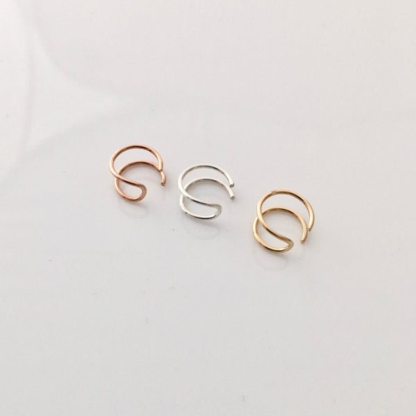 Double ear cuff, fake no piercing cuff, cartilage cuff in 925 sterling silver, 14K yellow or rose gold filled wire