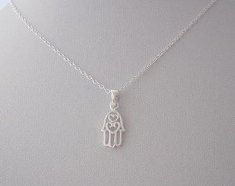 Small FATIMA/HAMSA HAND sterling silver pendant with necklace chain, Protection and luck symbol, layering necklace