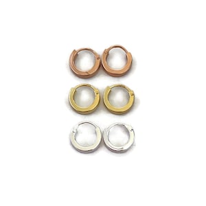 A pair of small 1.8mm square tube 10mm sleepers in sterling silver, rose gold, yellow gold small hoops