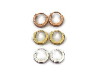 A pair of small 1.8mm square tube 10mm sleepers in sterling silver, rose gold, yellow gold small hoops