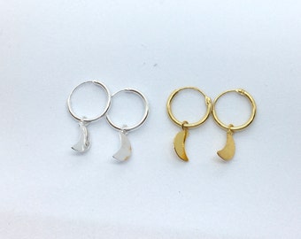A pair of crescent moon sterling silver or yellow gold plated silver small hoops, celestial earrings