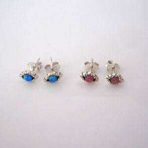 A pair of lab opal evil EYE sterling silver stud earrings, protection good luck jewelry
