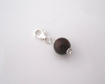 8mm natural red bloodstone gemstone sterling silver clip on charm for link bracelet