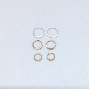 One pair of hammered wire small hoops in sterling silver, 14K yellow or rose gold filled wire
