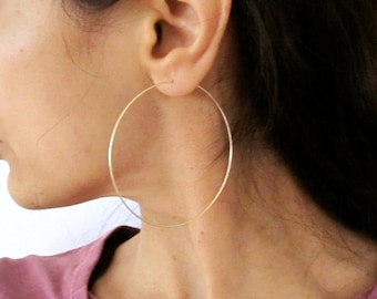 A pair of 2.5" sterling silver, yellow or rose gold filled big thin wire hoop earrings, modern hoops earrings