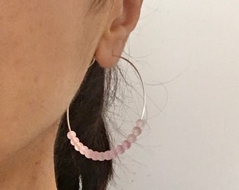 Thin wire hoops with rose quartz beads in solid sterling silver, 14k yellow or rose gold filled wire, beaded hoops