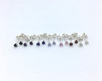 A pair of tiny 3mm cz sterling silver stud earrings, minimal geometric studs