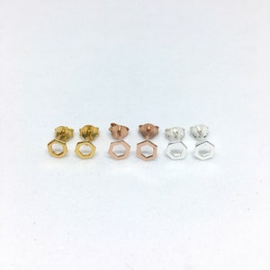 A pair of hexagon geometric sterling silver, yellow or rose gold plated sterling silver studs