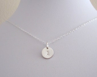 Monogram Letter Initial stamped round small disc charm sterling silver necklace, personalized stamped letter or number necklace