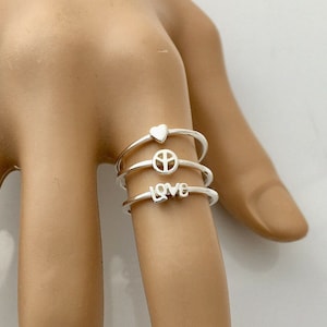 Stacking rings love, heart and peace sterling silver rings
