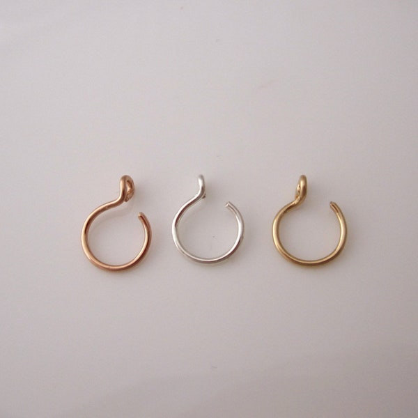 ONE fake faux no piercing nose ring in sterling silver, yellow or rose gold filled wire, choose color and size