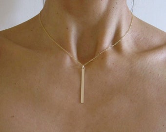 Long slim BAR yellow gold necklace, simple, minimalistic, geometric jewelry necklace