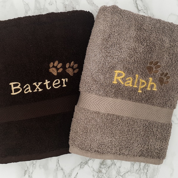 Personalised Embroidered Pet Towel with name, Dog Towel, Cat Towel, Rabbit Towel, Puppy, Kitten Paw Print Design, Bath Towel