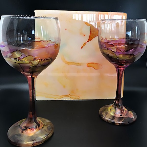 Hand Painted Wine Glasses With Alcohol Ink Painting