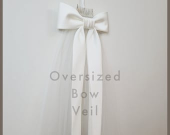 Oversized bow veil, off-white satin bow, wedding veil with bow, medium or large bow