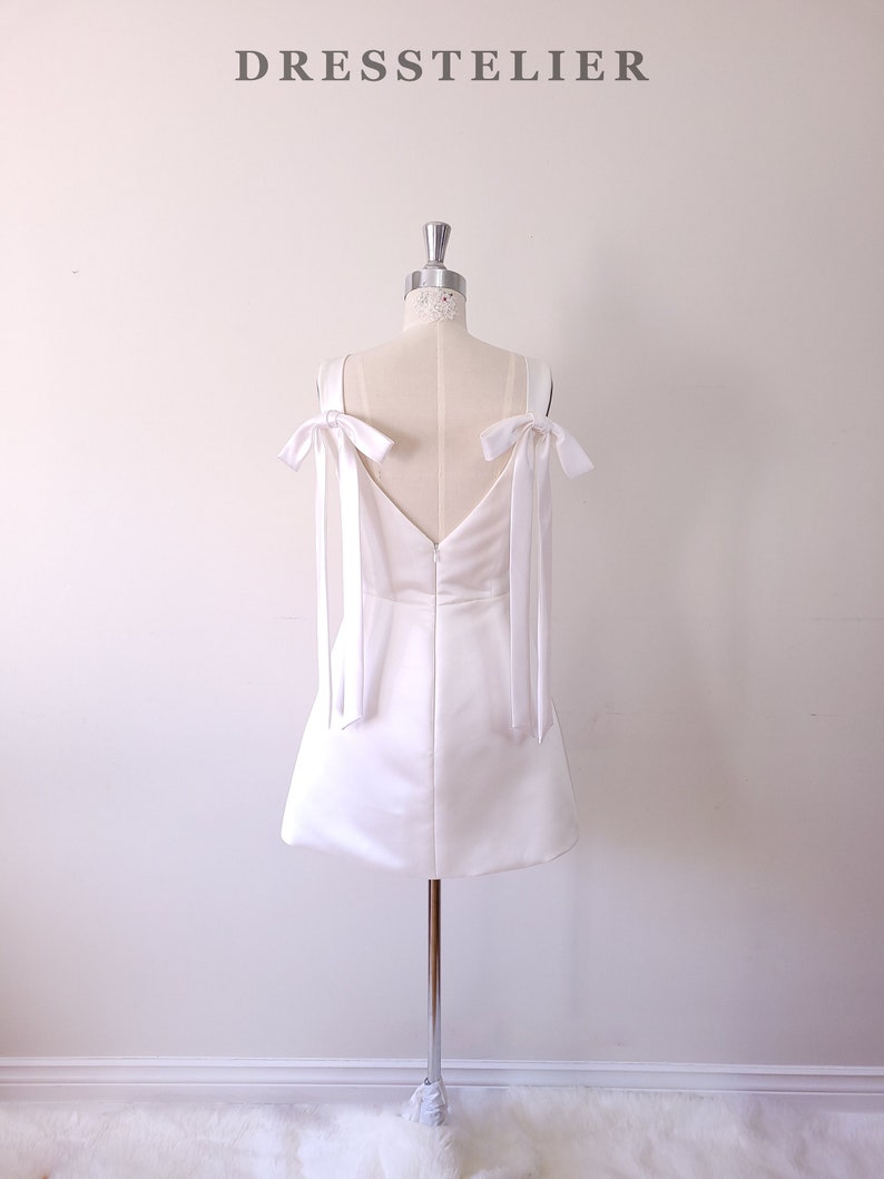 Mini robe de mariée avec noeuds, robe de mariée courte blanc cassé, robe de répétition, robe de mariée en satin, mini robe jupe trapèze image 8