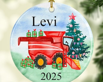 Décorations de Noël pour moissonneuse-batteuse ferme rouge, moissonneuse-batteuse, décorations de ferme personnalisées pour enfants, décorations de Noël ferme personnalisées pour enfants, étiquettes cadeaux de Noël