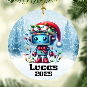 Robot Christmas Ornaments with Lights and Santa Hat Christmas Eve Box Filler Kids Personalized Christmas Gift Tags