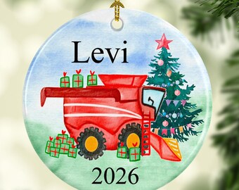 Décoration de moissonneuse-batteuse rouge - Cadeau personnalisé pour enfants - Étiquettes cadeaux de Noël - Petits cadeaux à glisser dans une chaussette