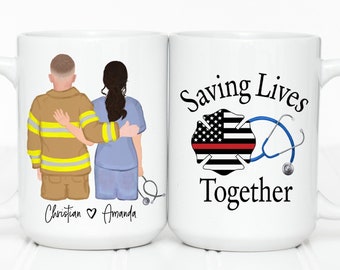 May include: White ceramic mug with a firefighter and nurse illustration. The mug features the text "Saving Lives Together" with a US flag design and a stethoscope. The names "Christian" and "Amanda" are also on the mug.