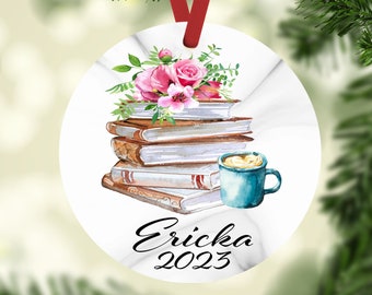 Books Coffee Christmas Ornaments Personalized Gift Coffee Book Lover Gift Rose Flower Books Personalized Ornaments Mom Gift for Her